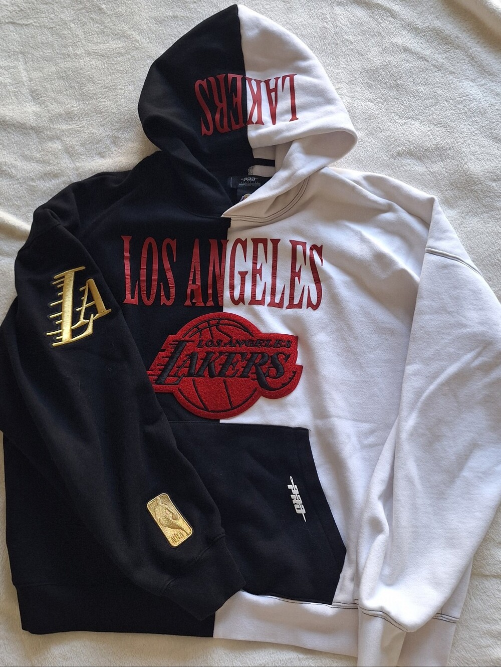 Pro Standard LA Lakers Split Hoodie Mens XL Los Angeles Chenille Patch Flaw